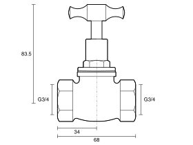 Technical Drawing - Dura Stop Tap Female & Female T-Head Rough Brass 20mm Lead Free