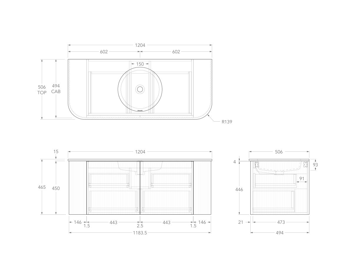 Technical Drawing - Kado Neue Fluted Double Curve All Drawer 1200mm Wall Hung Vanity Centre Basin Matte White Ceramic Top