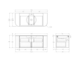 Technical Drawing - Kado Neue Fluted Double Curve All Drawer 1200mm Wall Hung Vanity Centre Basin Matte White Ceramic Top