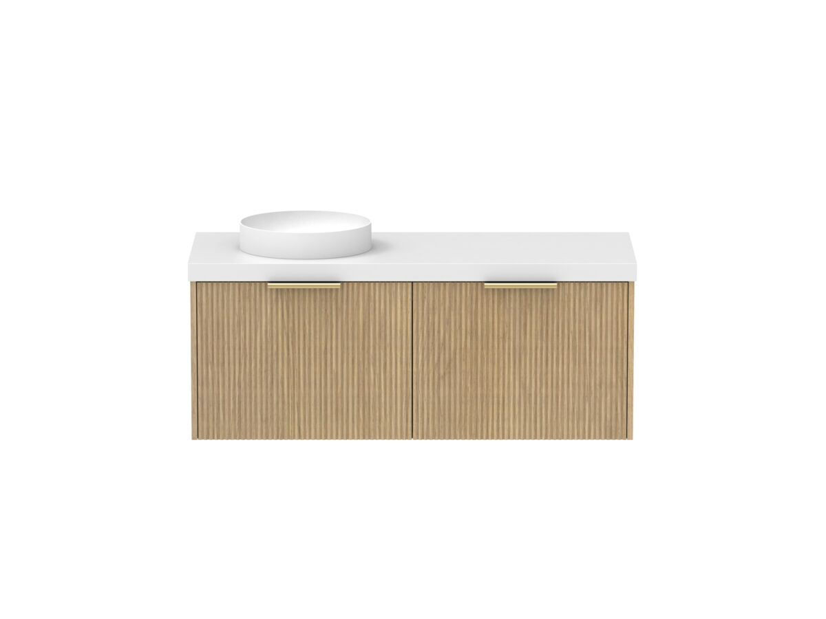 Supporting Image - Kado Neue Fluted Square All Drawer 1200mm Wall Hung Vanity with Left Hand Basin 50mm Top Boston Oak