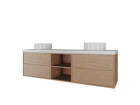 Supporting Image - Kado Aspect Shelf Vanity Unit 1800mm Double Bowl 4 Drawer Caesarstone Mineral 50mm Top - Boston Oak
