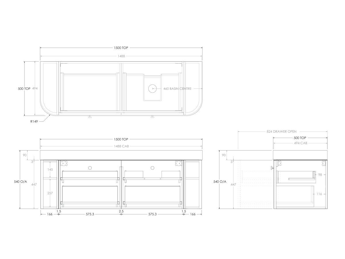 Technical Drawing - Kado Era Double Curve All Drawer 1500mm Wall Hung Vanity Right Hand Basin 90mm Durasein Top