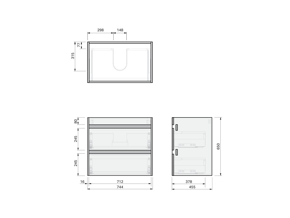 Technical Drawing - Posh Domaine Twin 750 2 Drawer Wall Hung Vanity Mineral Cast