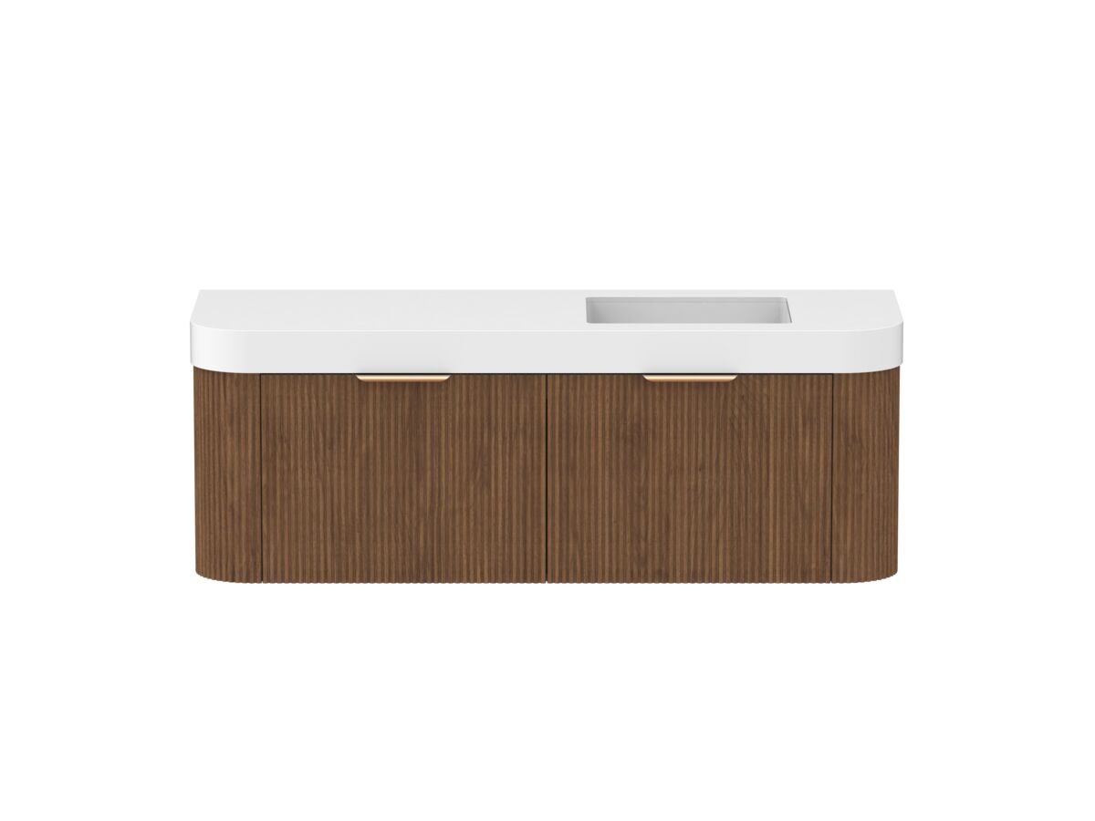 Hero - Kado Neue Fluted Double Curve All Drawer 1500mm Wall Hung Vanity with Right Hand Basin Durasein 90mm Top Florentine Walnut
