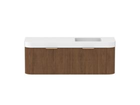 Hero - Kado Neue Fluted Double Curve All Drawer 1500mm Wall Hung Vanity with Right Hand Basin Durasein 90mm Top Florentine Walnut