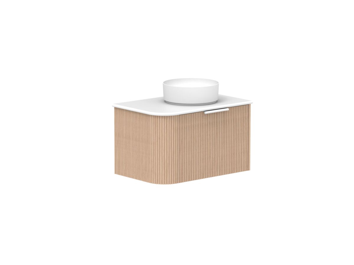 Supporting Image 2- Kado Neue Fluted Single Curve All Drawer 750mm Wall Hung Vanity with Centre Basin 20mm Top Blonde Oak