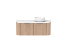 Supporting Image - Kado Neue Fluted Double Curve All Drawer 1200 Wall Hung Vanity with Right Hand Basin Durasein 12mm Top Blonde Oak