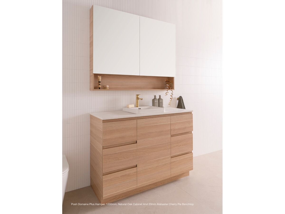 Posh Domaine Plus Hamper, 1200mm, Natural Oak Cabinet and 20mm Alabaster Cherry Pie benchtop