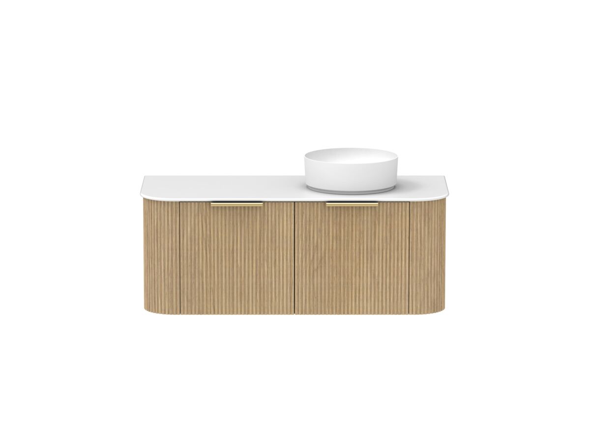 Supporting Image - Kado Neue Fluted Double Curve All Drawer 1200 Wall Hung Vanity with Right Hand Basin Durasein 12mm Top Boston Oak