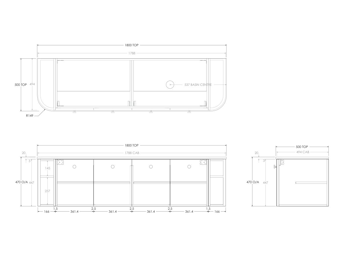 Technical Drawing - Kado Era Double Curve All Door 1800mm Wall Hung Vanity with Right Hand Basin 20mm Top