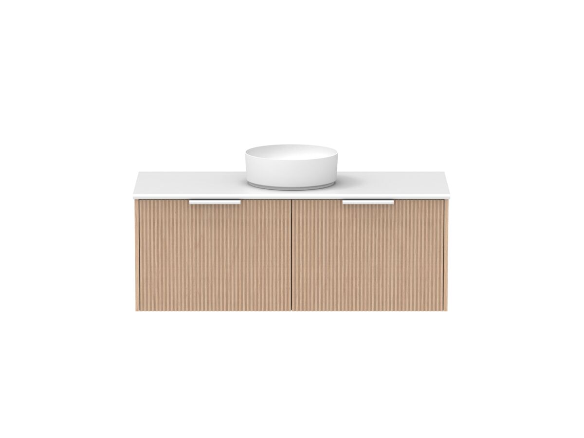 Supporting Image - Kado Neue Fluted Square All Drawer 1200mm Wall Hung Vanity with Centre Basin 20mm Top Blonde Oak
