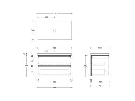 Technical Drawing - Posh Domaine 900mm Wall Hung Twin Vanity Unit All-Drawer 50mm Top
