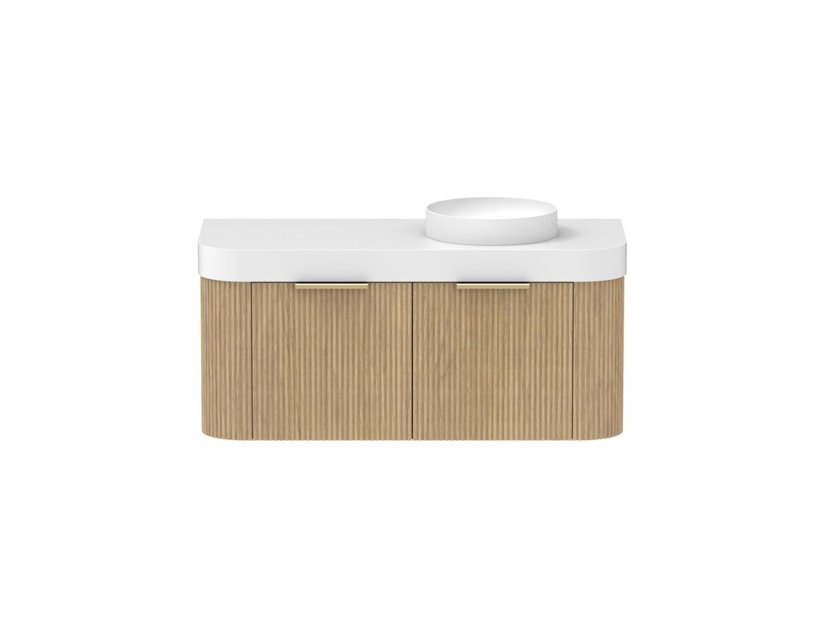 Supporting Image - Kado Neue Fluted Double Curve All Drawer 1200mm Wall Hung Vanity with Right Hand Basin Durasein 90mm Top Boston Oak