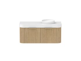 Supporting Image - Kado Neue Fluted Double Curve All Drawer 1200mm Wall Hung Vanity with Right Hand Basin Durasein 90mm Top Boston Oak