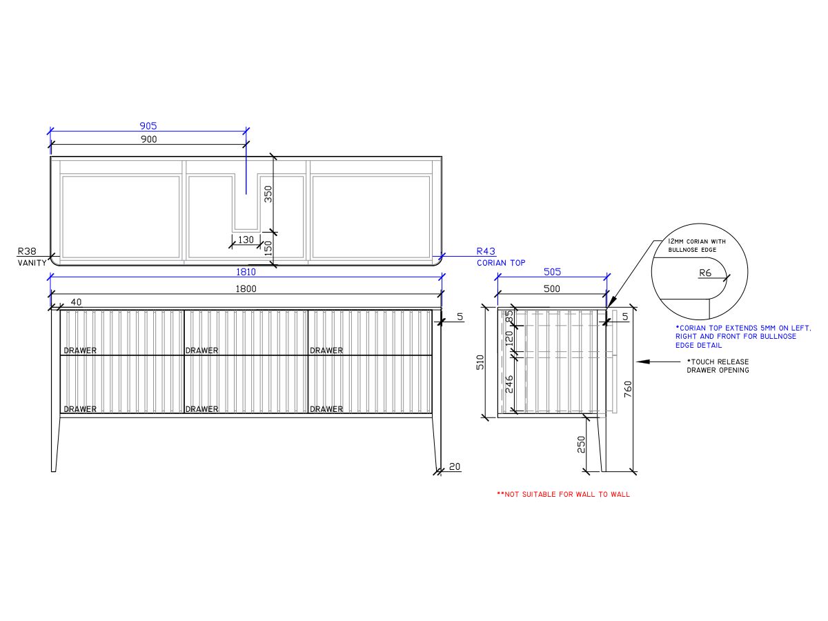 ISSY Cloud II 1800mm x 500mm x 760mm Vanity Unit with Legs 6 Touch Latch Drawers (No Basin)