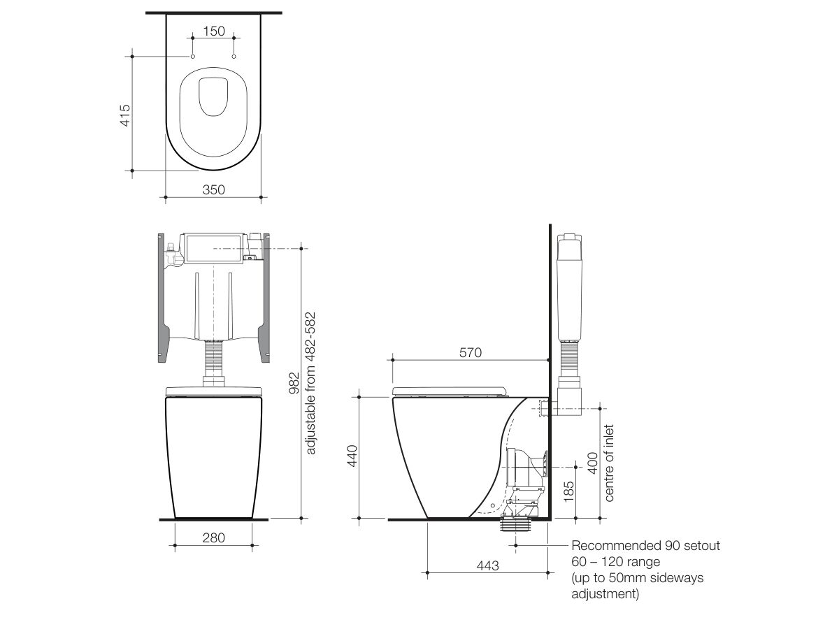 Technical Drawing - Caroma Forma II Cleanflush Invisi Back to Wall Overheight Toilet Suite with Soft Close Quick Release Seat (4 Star)