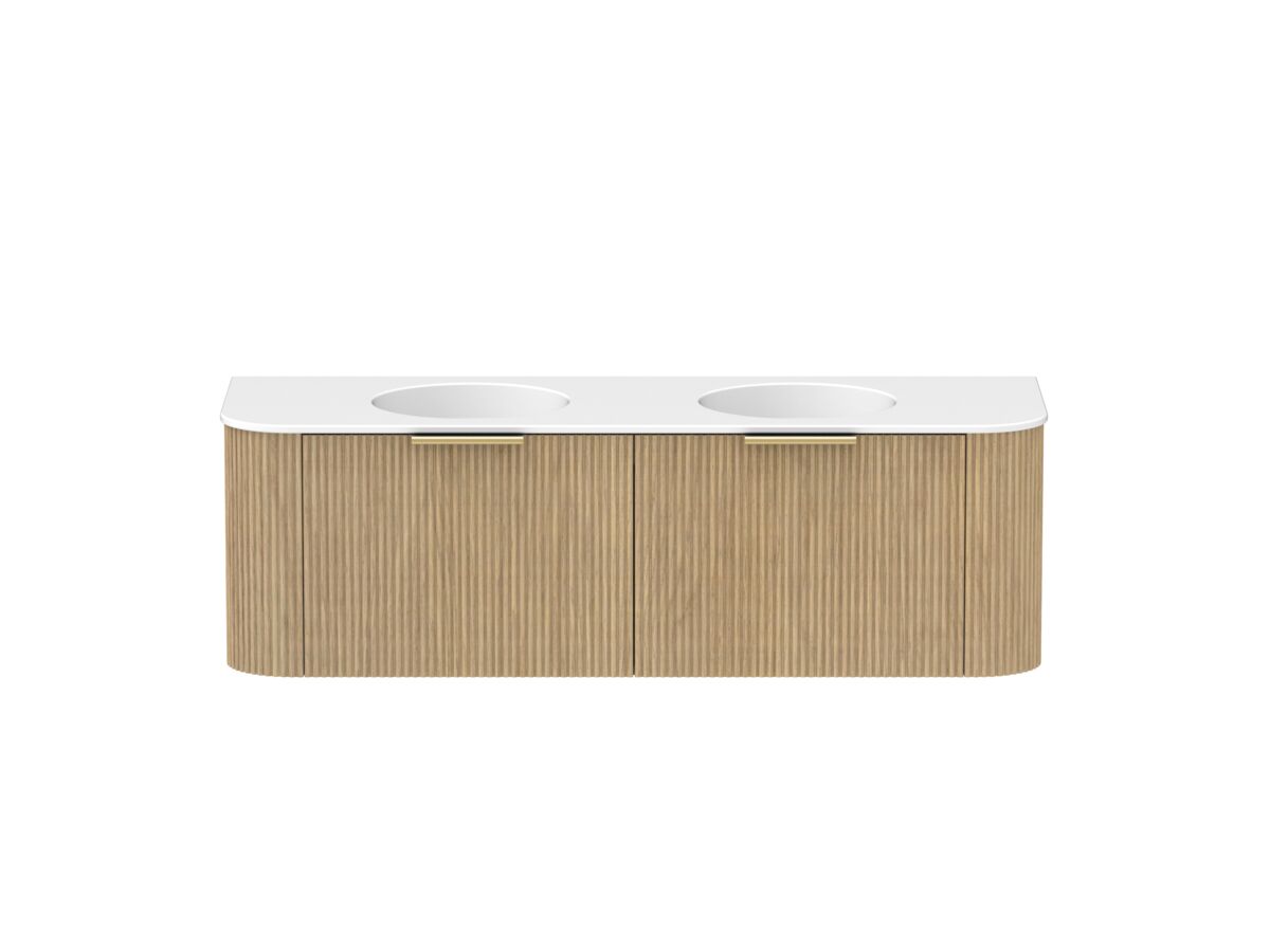 Supporting Image - Kado Neue Fluted Double Curve 1500mm Wall Hung Vanity Double Basin Matte White Ceramic Top Boston Oak
