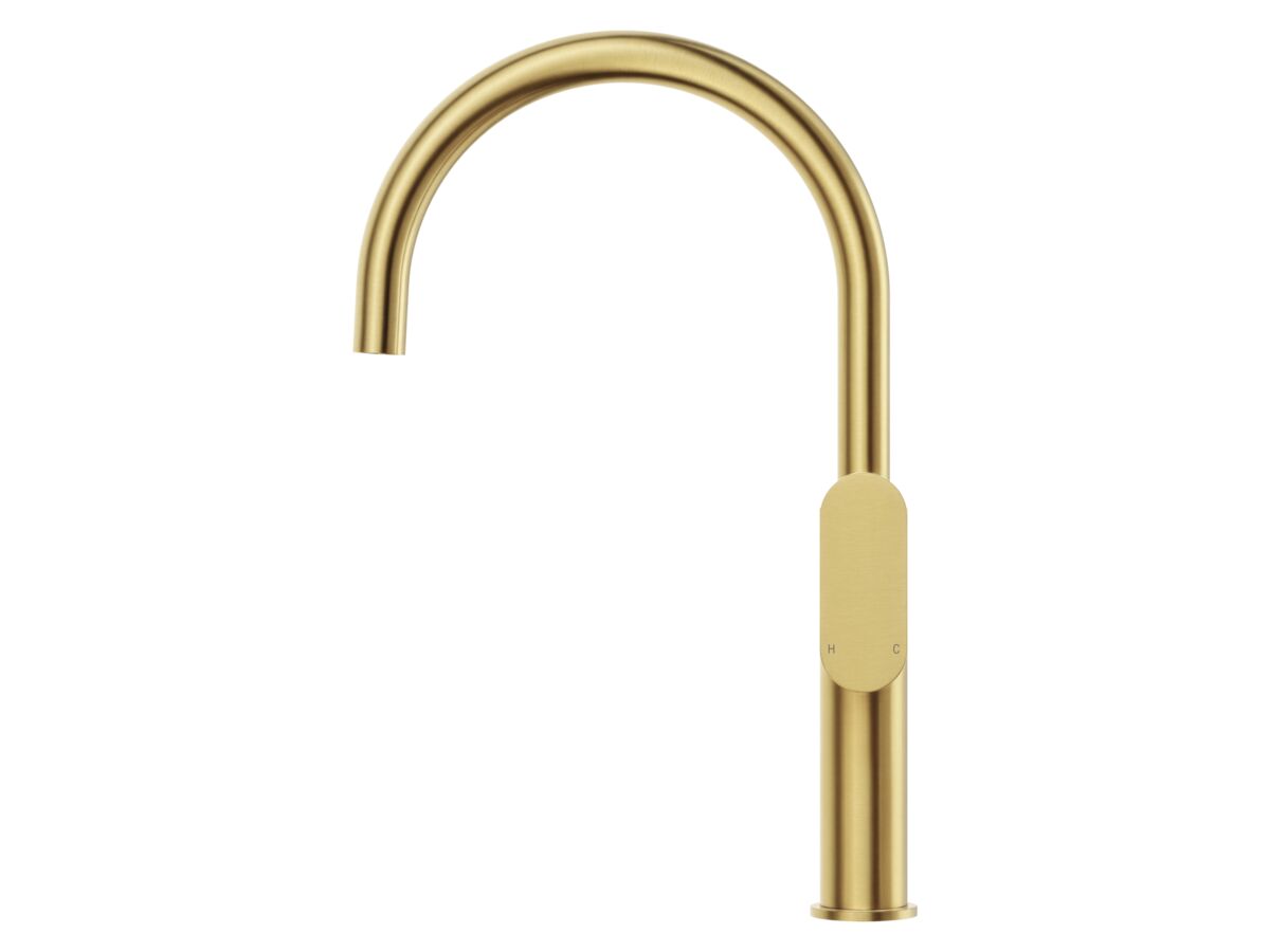 Supporting Image - Mizu Soothe MK2 Gooseneck Sink Mixer Curved Brushed Brass (5 Star) Lead Free - Side