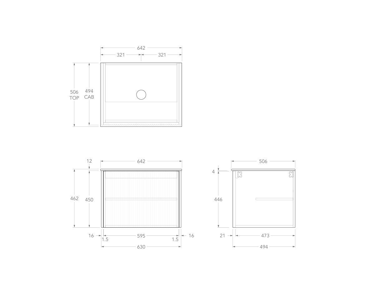 Technical Drawing - Kado Neue Fluted Square All Door 600mm Wall Hung Vanity with Centre Basin Durasein 12mm Top