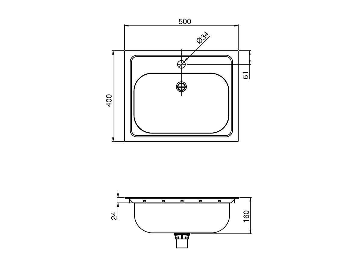 Wolfen Inset Basin 500 x 400 x 160mm 1 Taphole Stainless Steel
