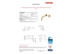 Specification Sheet - Sussex Pure Progressive Wall Basin Mixer Tap System 200mm PVD Brushed Gold (3 Star)