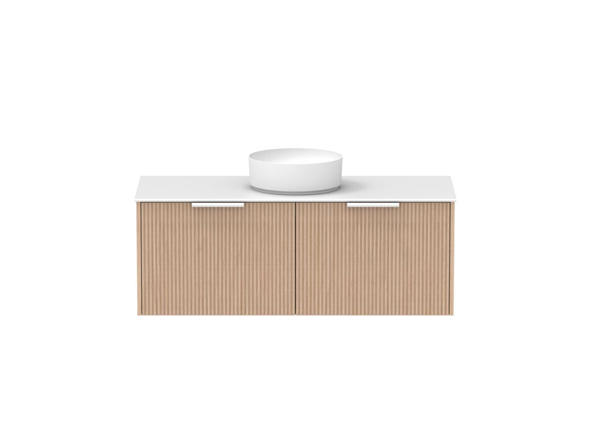 Supporting Image - Kado Neue Fluted Square All Drawer 1200mm Wall Hung Vanity with Centre Basin Durasein 12mm Top Blonde Oak