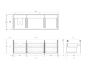 Technical Drawing - Kado Neue Fluted Square All Drawer 1500mm Wall Hung Vanity with Left Hand Basin Durasein 12mm Top