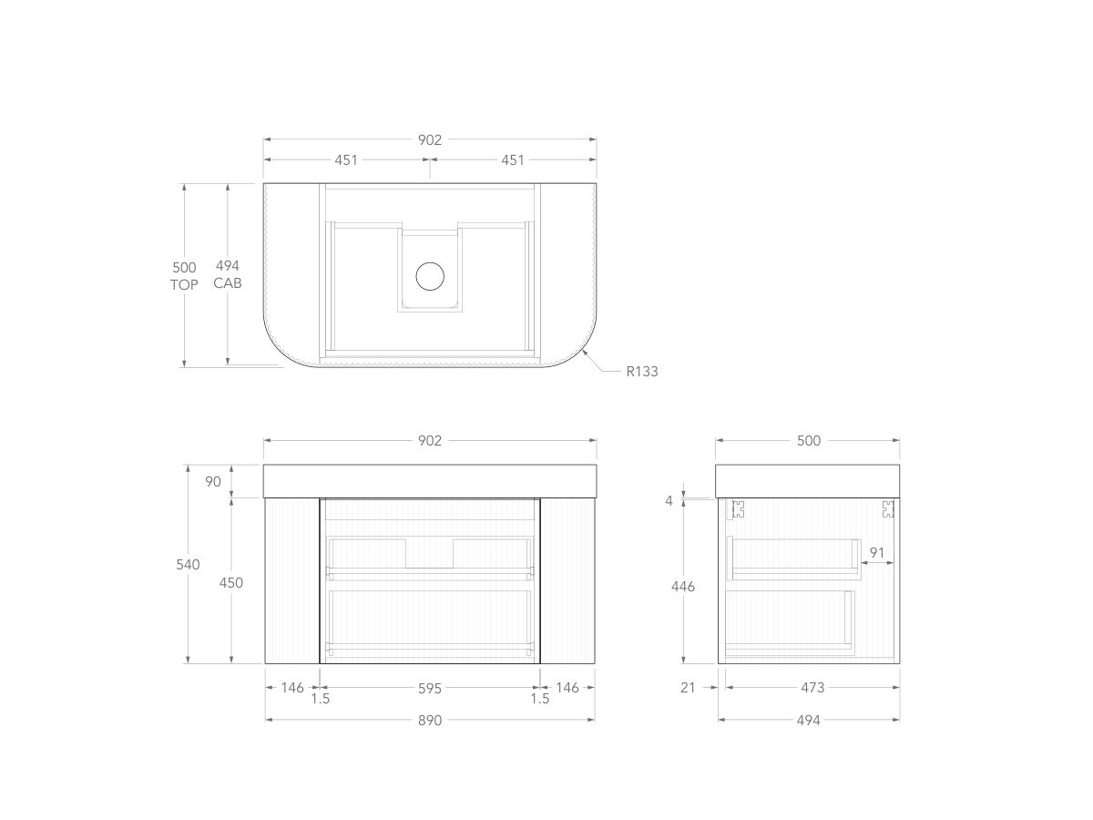 Technical Drawing - Kado Neue Fluted Double Curve All Drawer 900mm Wall Hung Vanity with Centre Basin Durasein 90mm Top