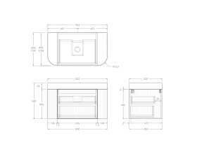 Technical Drawing - Kado Neue Fluted Double Curve All Drawer 900mm Wall Hung Vanity with Centre Basin Durasein 90mm Top