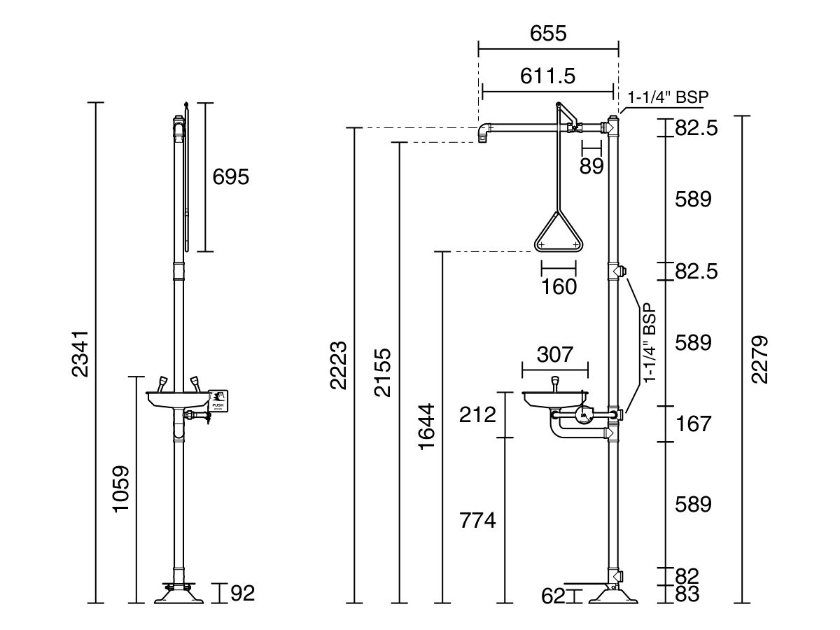 Technical Drawing - Wolfen Freestanding Safety Shower & Eye Wash with Foot Pedal Polished Stainless Steel