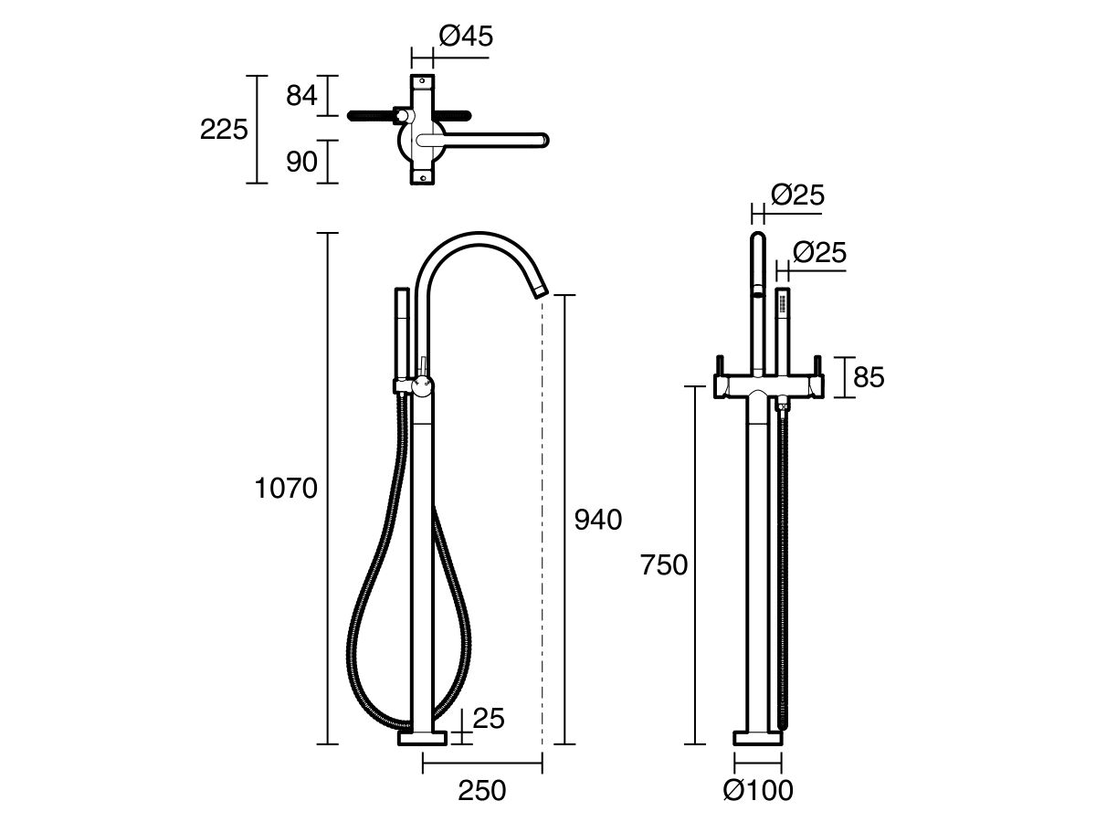 Scala Floor Mounted Bath Mixer Tap Curved Outlet with Handshower