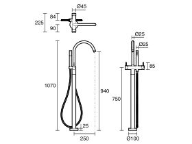 Scala Floor Mounted Bath Mixer Tap Curved Outlet with Handshower
