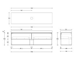 Technical Drawing - Posh Domaine 1800mm Wall Hung Vanity Unit All-Drawer Open Shelf Single Bowl 90mm Top