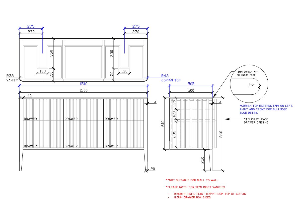 ISSY Cloud II 1500mm x 500mm x 860mm Vanity Unit with Legs 6 Touch Latch Drawers Semi Inset (No Basin)
