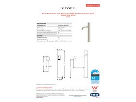 Specification Sheet - Sussex Pure Extended Basin Mixer Tap Curved Spout with Cirque Textured Handle Brushed Nickel (5 Star)
