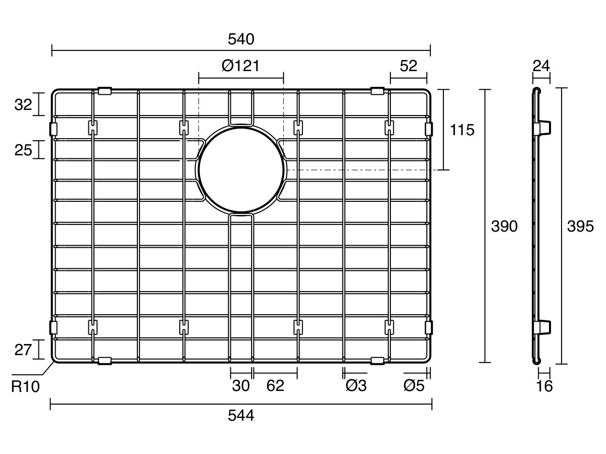 Technical Drawing - Memo Zenna Protector Grid Extended Single Bowl