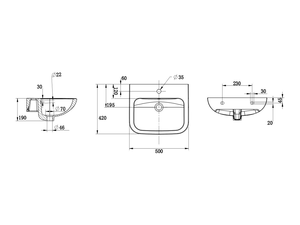 Wolfen Wall Basin with Overflow 1 Taphole 500 x 420