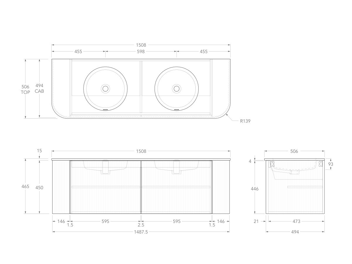 Technical Drawing - Kado Neue Fluted Double Curve All Door 1500mm Wall Hung Vanity Double Basin Matte White Ceramic Top