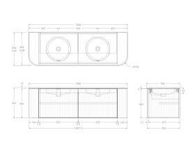 Technical Drawing - Kado Neue Fluted Double Curve All Door 1500mm Wall Hung Vanity Double Basin Matte White Ceramic Top