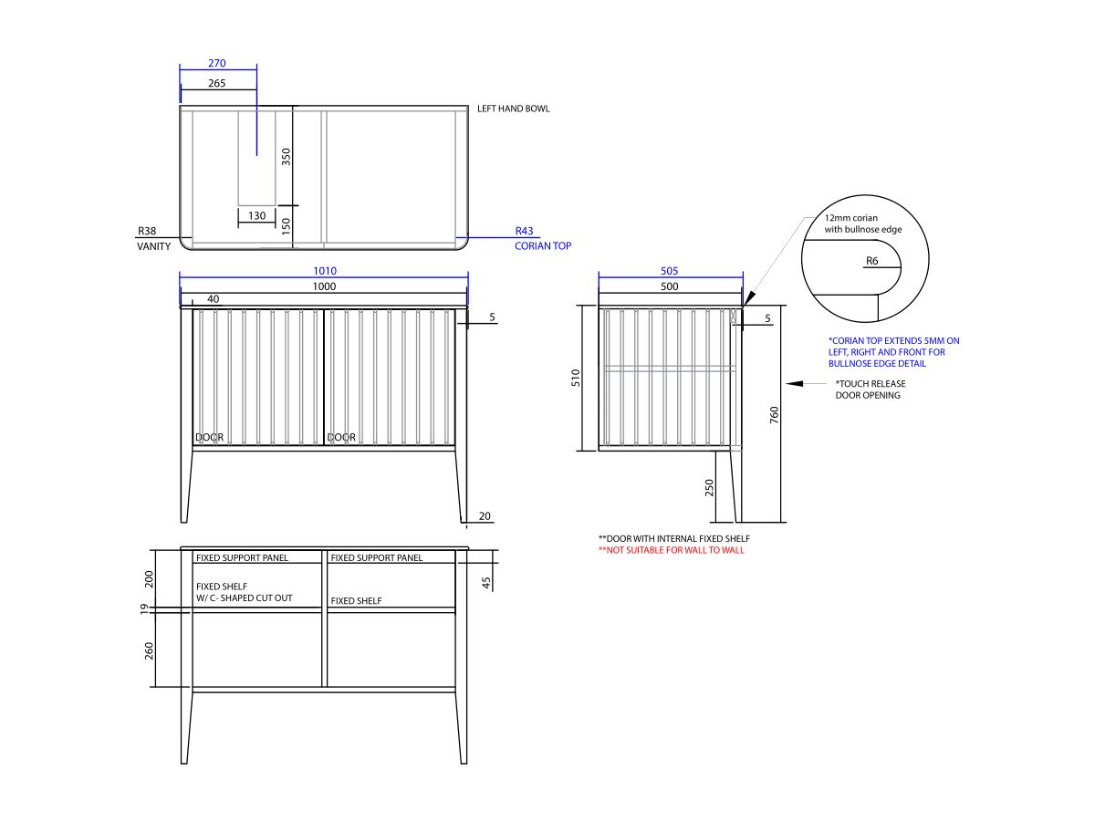 ISSY Cloud I 1000mm x 500mm x 760mm Vanity Unit with Legs 2 Touch Latch Doors (No Basin)