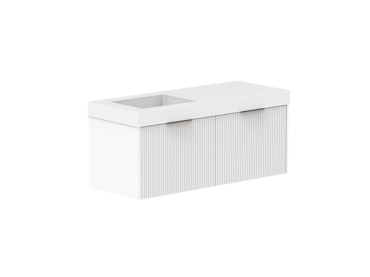 Supporting Image 2- Kado Neue Fluted Square All Drawer 1200mm Wall Hung Vanity with Left Hand Basin 90mm Top Ultra White