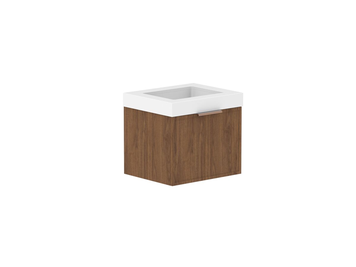 Supporting Image - Kado Lux Slim All Drawer 600mm Wall Hung Vanity with Centre Basin 90mm Top Florentine Walnut