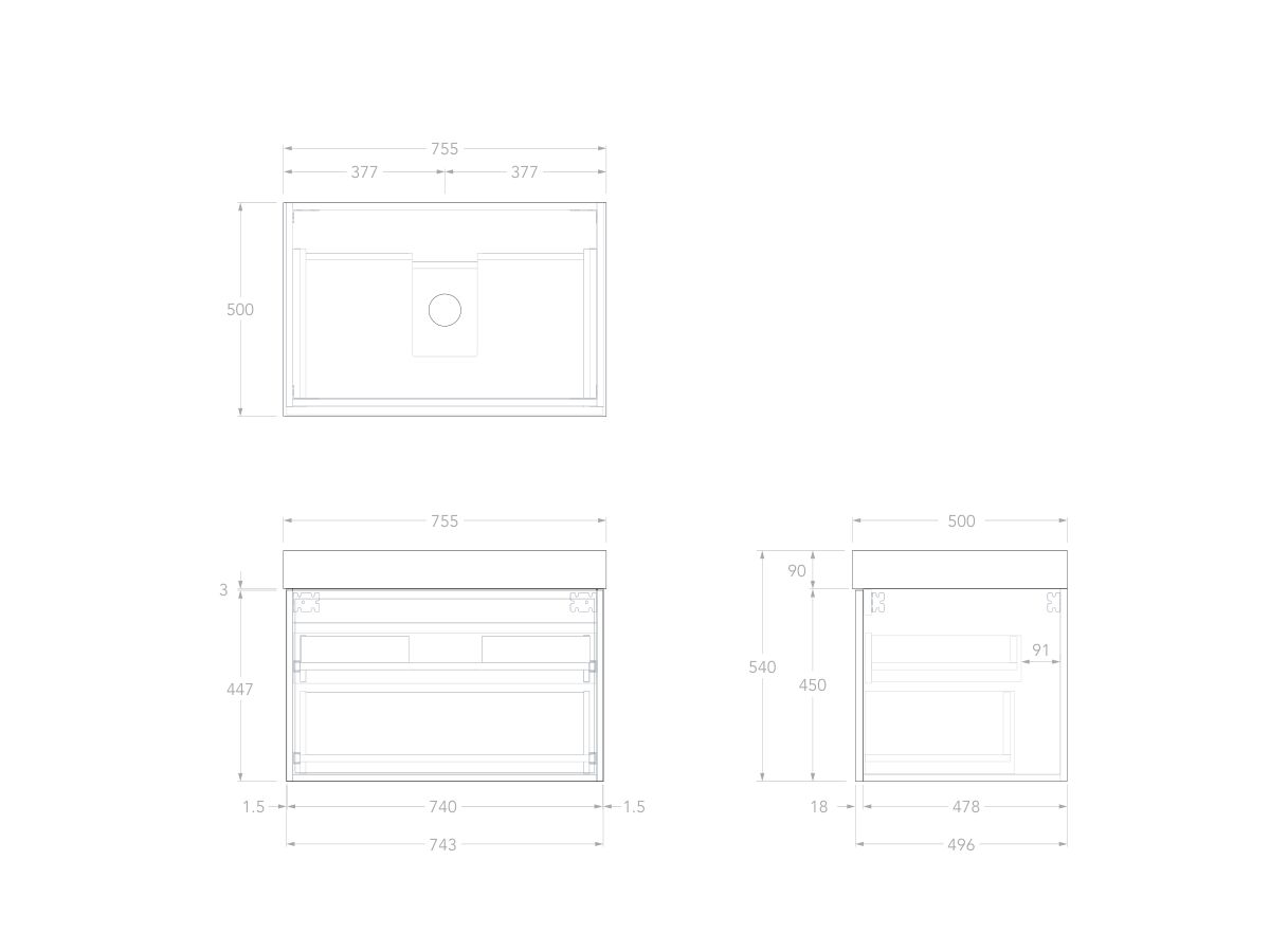 Technical Drawing - Kado Lux Slim All Drawer 750mm Wall Hung Vanity with Centre Basin 90mm Top