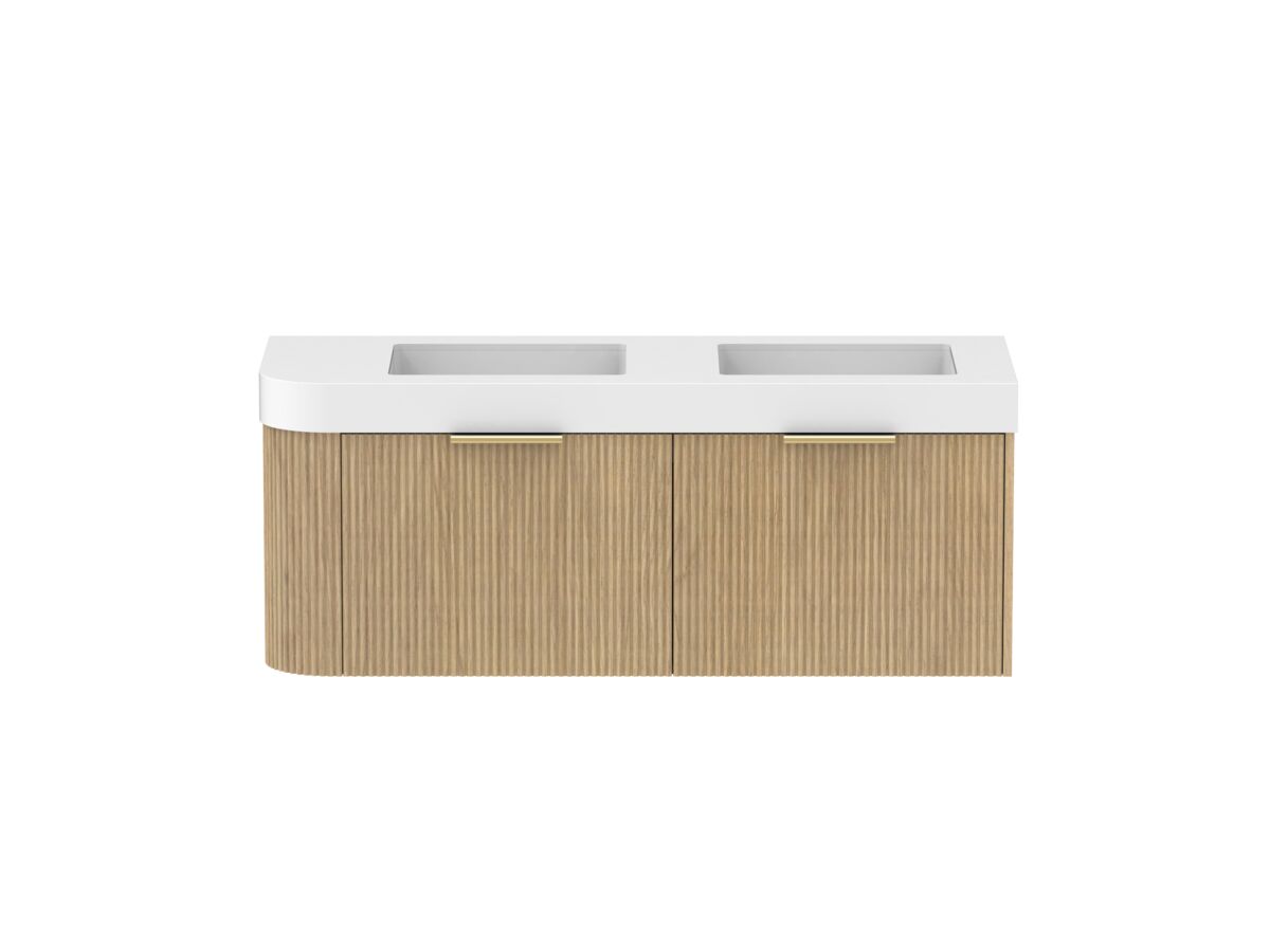 Supporting Image - Kado Neue Fluted Single Curve All Drawer 1350mm Wall Hung Vanity with Double Basin Durasein 90mm Top Boston Oak