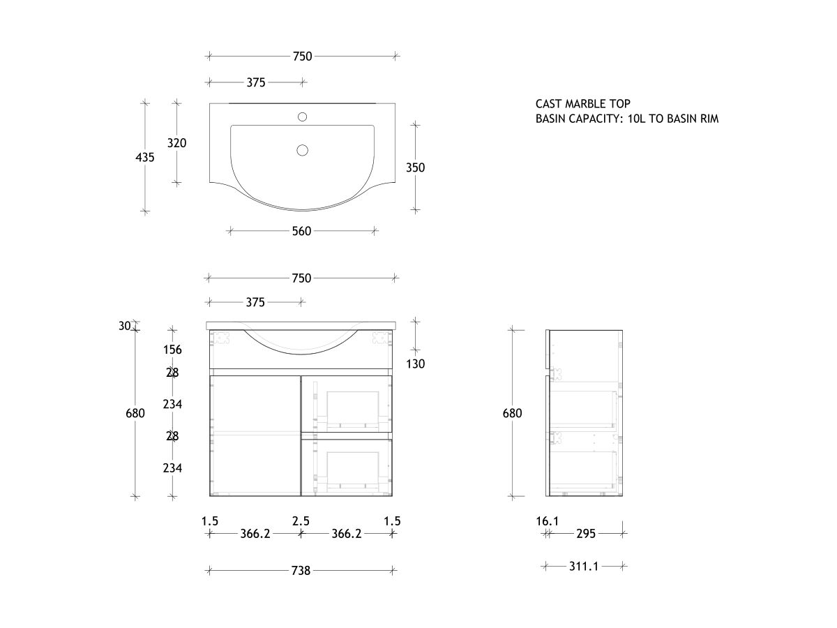 Posh Domaine Semi-Recessed 750 Wall Hung Cast Marble