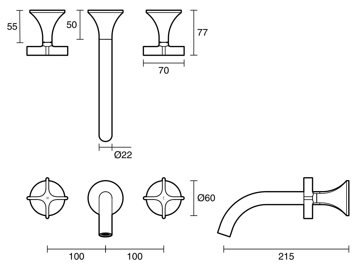 Sussex Oria Cross Wall Bath Set 215mm