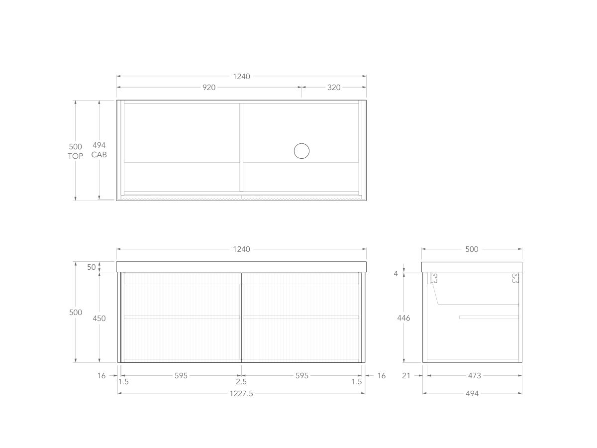 Technical Drawing - Kado Neue Fluted Square All Door 1200mm Wall Hung Vanity with Right Hand Basin 50mm Top