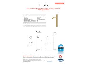Specification Sheet - Sussex Pure Extended Basin Mixer Tap Curved Spout with Cirque Textured Handle PVD Brushed Gold (5 Star)