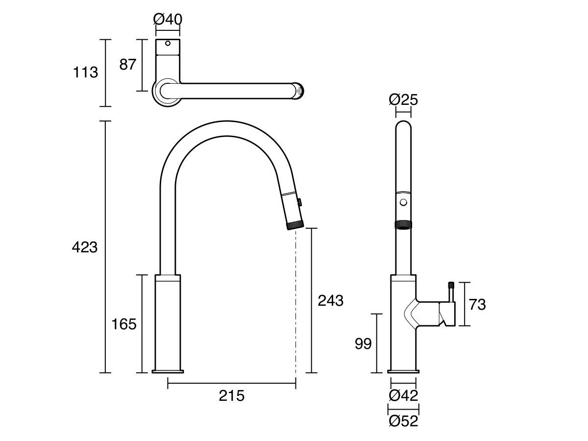 Technical Drawing - Sussex Scala Nova Sink Mixer Pull Out Spray (5 Star) Lead Free