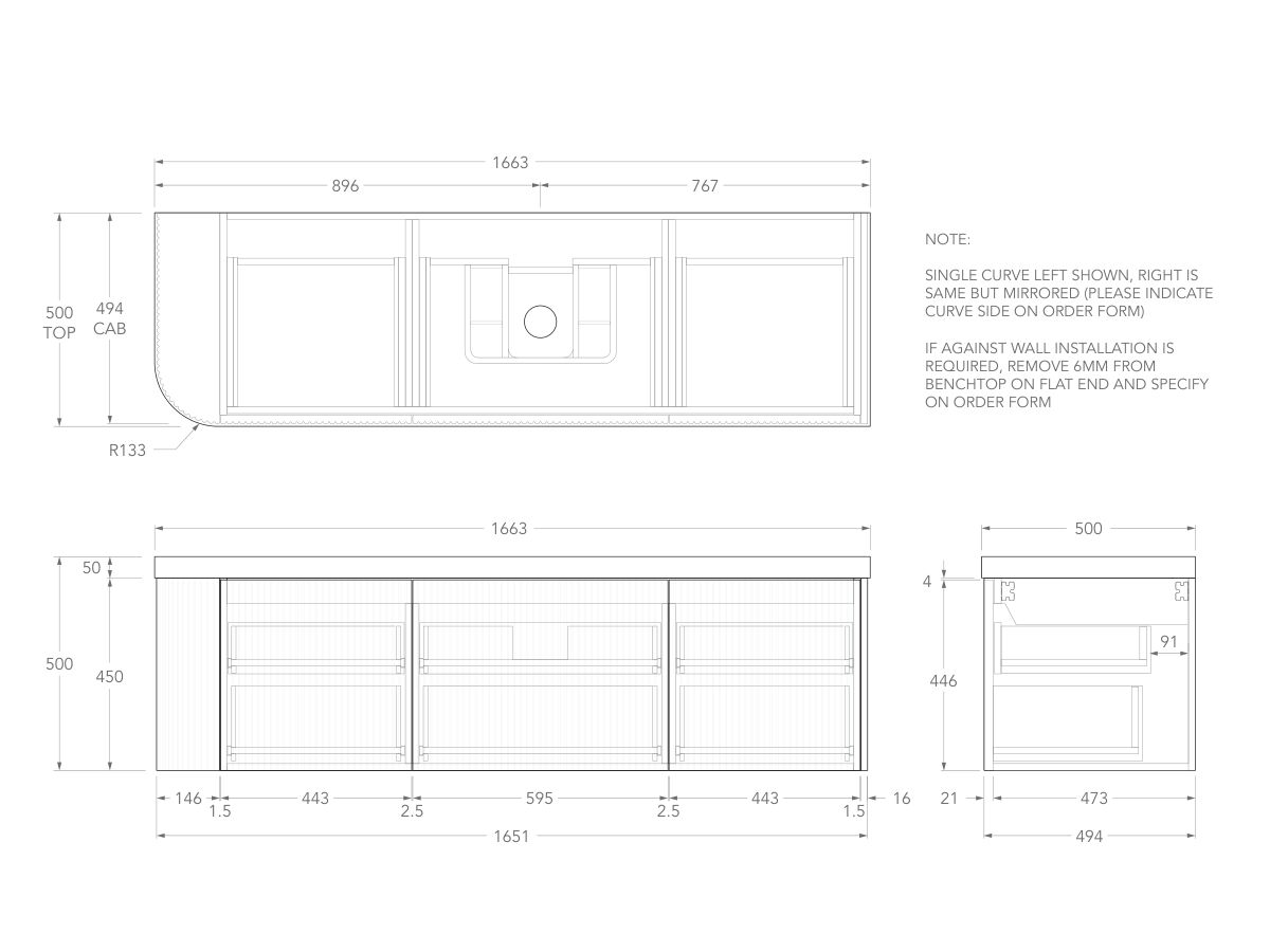 Technical Drawing - Kado Neue Fluted Single Curve All Drawer 1650mm Wall Hung Vanity with Centre Basin Durasein 50mm Top
